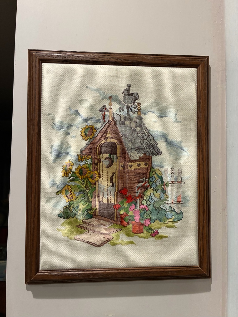 Handcrafted Garden Birdhouse Cross-Stitch Wall Art - Cream, Brown, Green